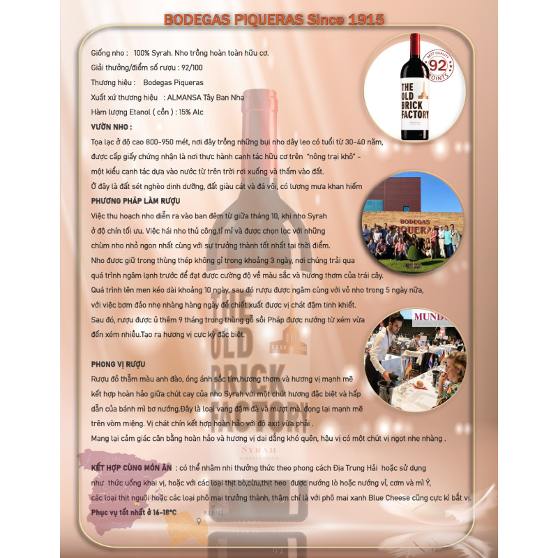 Rượu vang Bodegas Piqueras The Old Brick Factory 2019 (Spain)